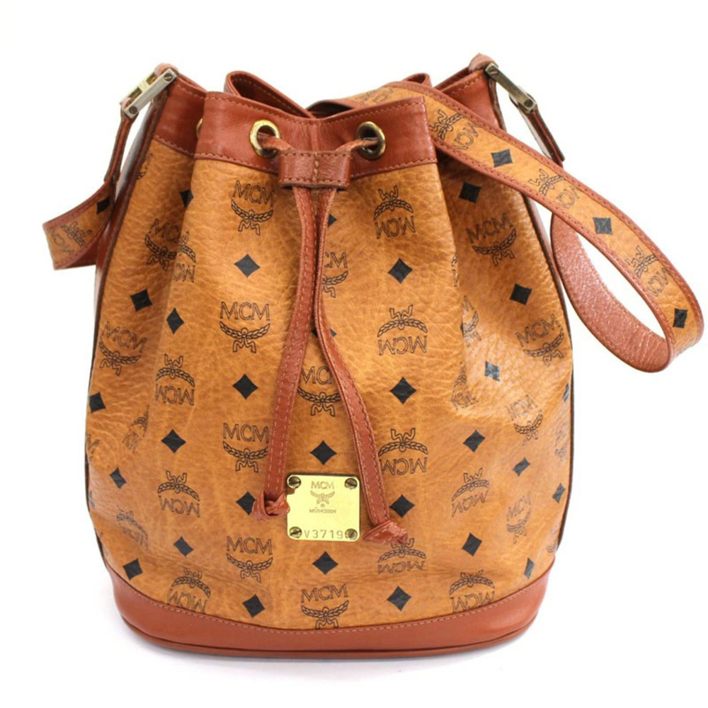 MCMMCM Leather Drawstring Bag Shoulder Handbag Brown